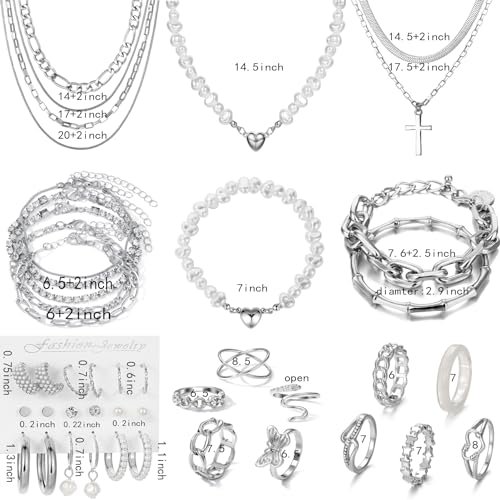 43 PCS Silver Jewelry Set for Women,Ball Dangle Hoop Earrings,Multi Layered Bracelets,Stackable Knuckle Rings,Adjustable Dainty Necklaces,Anniversary Valentine Fashion Trendy...
