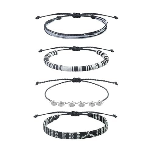 4pc Surfer Anklets for Men Waterproof String Rope Anklets Boho Clay Adjustable Beads Ankle Bracelets Cute Cloth Stainless Steel Anklet Set Beach Summer Jewelry for Women (4pcs...