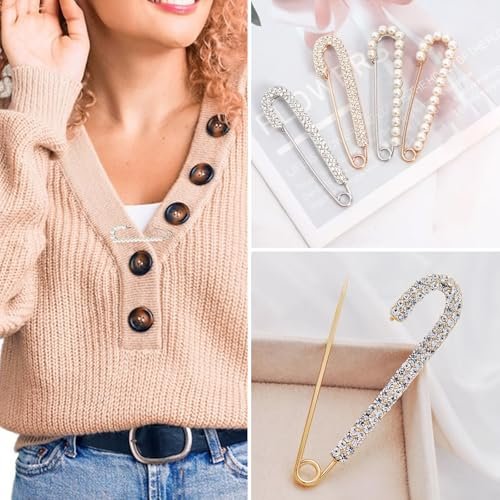 4pcs Brooche Pins, Sweater Shawl Hat Clips Decorative Safety Pins for Clothes Faux Crystal Pearl Brooches and Pins for Women Fashion Dress Clips