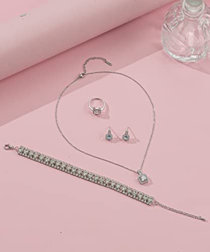 4pcs Cubic Zirconia Wedding Jewelry Sets for Bride Bridesmaid Cubic Zirconia Pendant Necklace Earrings Link Tennis Bracelet Open Ring Set for Women Birthday/Valentine's...