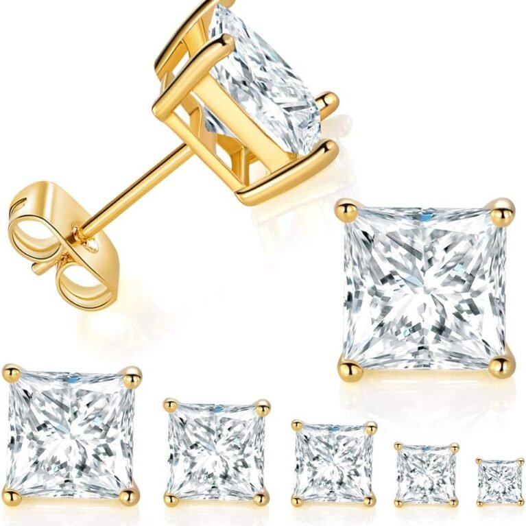 5 Pairs 14K Yellow Gold Plated Princess Cut Clear Cubic Zirconia Stud Earring Set