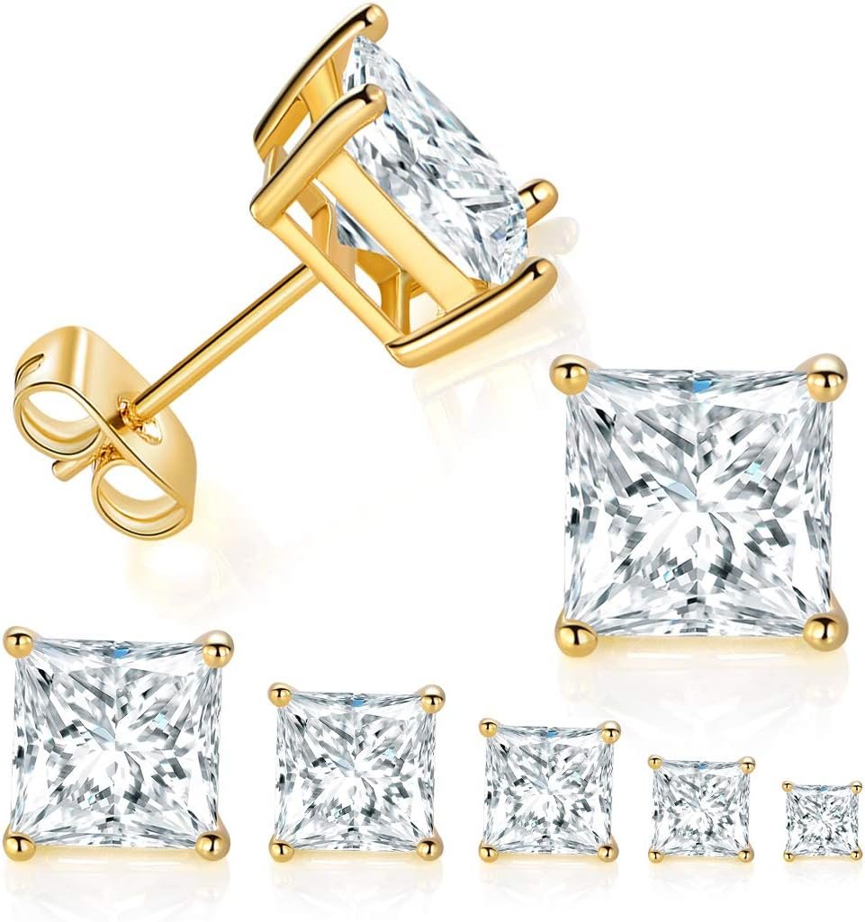 5 Pairs 14K Yellow Gold Plated Princess Cut Clear Cubic Zirconia Stud Earring Set
