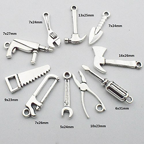 50pcs Antique Silver Tone 10 Kinds Mix 3D Tool Charm Collection Hammer Charm Wrench Charm Saw Charm Pliers Charm Tape Charm Screwdriver Charm Construction Charm (M028)