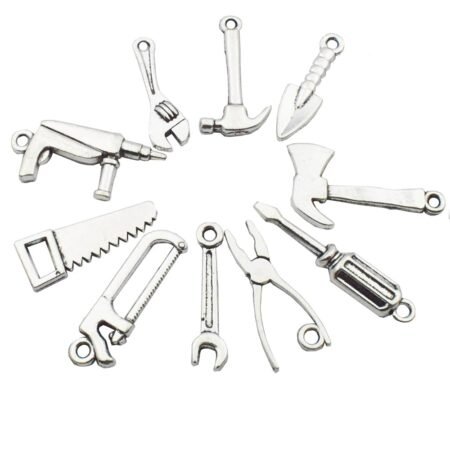 50pcs Antique Silver Tone 10 Kinds Mix 3D Tool Charm Collection Hammer Charm Wrench Charm Saw Charm Pliers Charm Tape Charm Screwdriver Charm Construction Charm (M028)