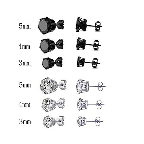 6 Pair titanium and Stainless Steel Mens Womens Stud Earrings Set Black and Clear Round Cubic Zirconia Inlaid Pierced Hypoallergenic 3-5mm(12PCS,3 Pairs Black,3 Pairs Clear)
