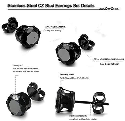6 Pair titanium and Stainless Steel Mens Womens Stud Earrings Set Black and Clear Round Cubic Zirconia Inlaid Pierced Hypoallergenic 3-5mm(12PCS,3 Pairs Black,3 Pairs Clear)
