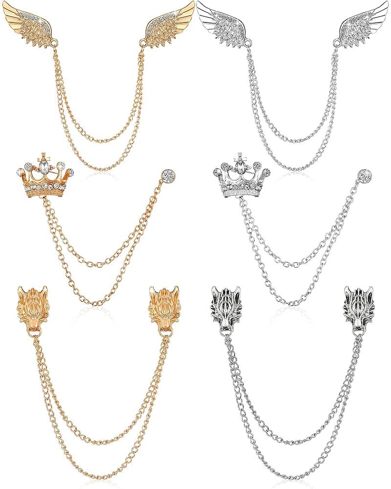 6 Pieces Tassel Chain Brooch Collar Pins Wedding Brooches Collar Pins Wings Wolf Head Crown Lapel Pins Suit Shirt Tuxedo Accessories for Wedding Anniversary Halloween Birthday...