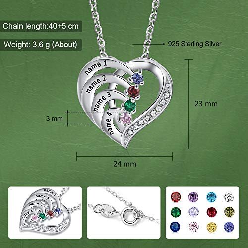 925 Sterling Silver Mother Necklace with 3-4 Simulated Birthstones Personalized Women's Promise Necklace Engraved Names Family Anniversary Jewelry for Grandma