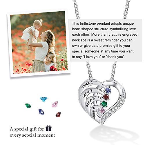 925 Sterling Silver Mother Necklace with 3-4 Simulated Birthstones Personalized Women's Promise Necklace Engraved Names Family Anniversary Jewelry for Grandma