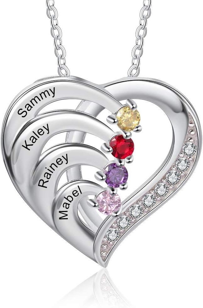 925 Sterling Silver Mother Necklace with 3-4 Simulated Birthstones Personalized Women's Promise Necklace Engraved Names Family Anniversary Jewelry for Grandma