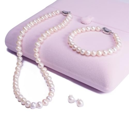 AAA+ Quality Freshwater Cultured Pearl Necklace Set Includes Stunning Bracelet and Stud Earrings and Luxury Gift Box Jewelry Set for Women