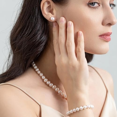 AAA+ Quality Freshwater Cultured Pearl Necklace Set Includes Stunning Bracelet and Stud Earrings and Luxury Gift Box Jewelry Set for Women