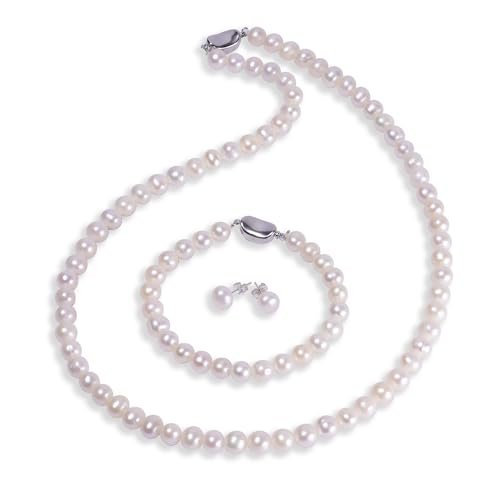 AAA+ Quality Freshwater Cultured Pearl Necklace Set Includes Stunning Bracelet and Stud Earrings and Luxury Gift Box Jewelry Set for Women