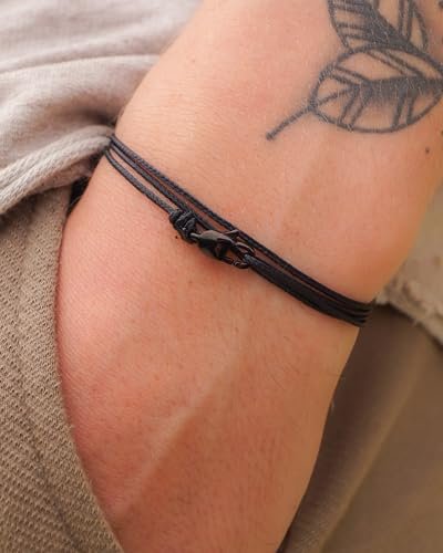 Adjustable Wrap Surfer Bracelet Women & Men - Thin String Bracelet with Snap Hook - Nautical Maritime Beach Jewelry - Handmade & Waterproof - Birthday Gift for Him (Black Black)