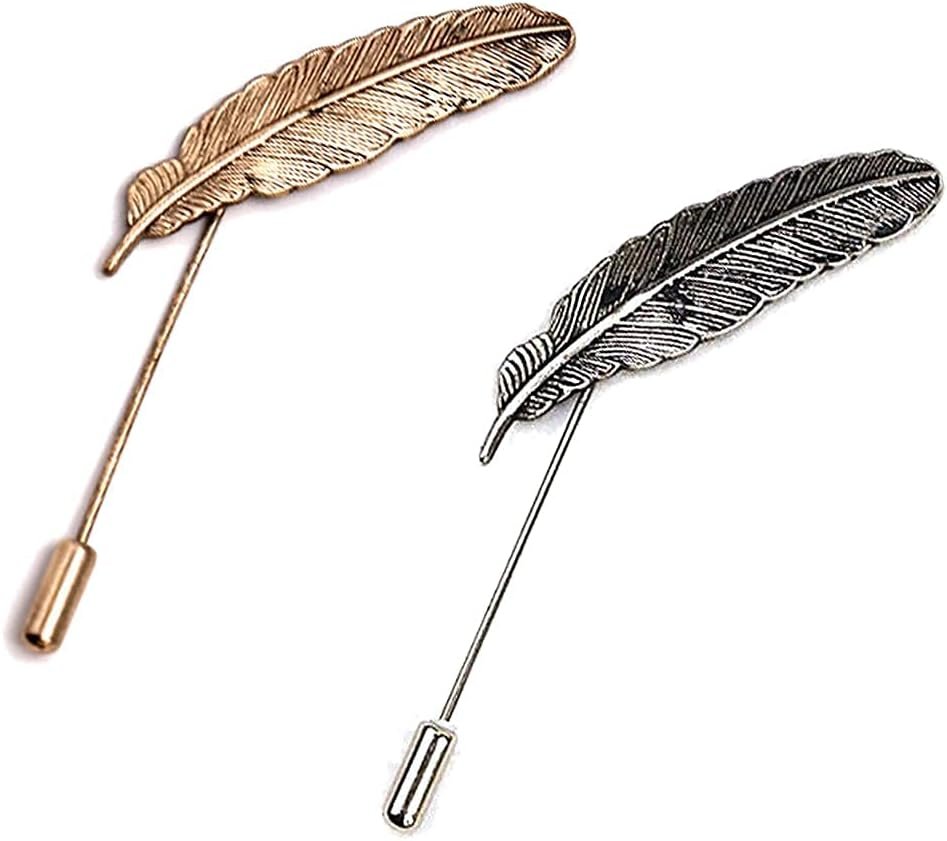AngelShop Men Metal Brooch Pin Vintage Feather Leaf Lapel Stick Brooch Pin for Suit 2PCS Feather