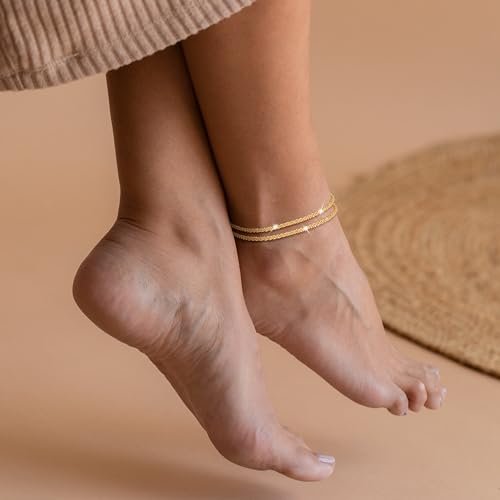 Ankle Bracelets for Women, Glitter Waterproof Adjustable Anklet for Women, 14K Gold Plated/Sterling Silver Layered Anklets, Summer Beach Anklet Jewelry for Women Gift