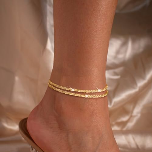Ankle Bracelets for Women, Glitter Waterproof Adjustable Anklet for Women, 14K Gold Plated/Sterling Silver Layered Anklets, Summer Beach Anklet Jewelry for Women Gift