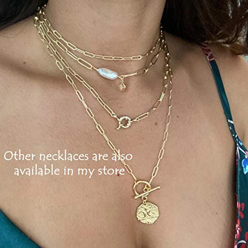 Aobei Pearl 18K Gold Moon Star Lion Evil Eye Pendant Necklace Medallion Paperclip Chian Choker Layering Jewery for Women