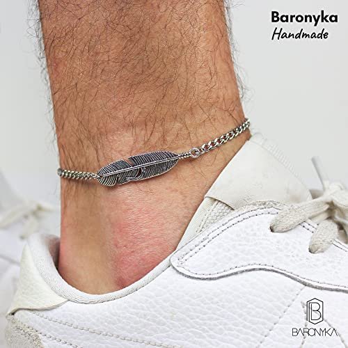 Baronyka Men's Handcrafted Anklet, Wax Cord, Stainless Steel, Adjustable Length, Durable for Everyday Wear and Modern Look (Silver Feather)