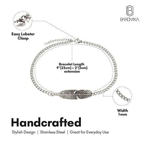 Baronyka Men's Handcrafted Anklet, Wax Cord, Stainless Steel, Adjustable Length, Durable for Everyday Wear and Modern Look (Silver Feather)