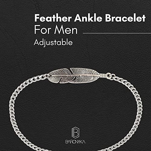 Baronyka Men's Handcrafted Anklet, Wax Cord, Stainless Steel, Adjustable Length, Durable for Everyday Wear and Modern Look (Silver Feather)