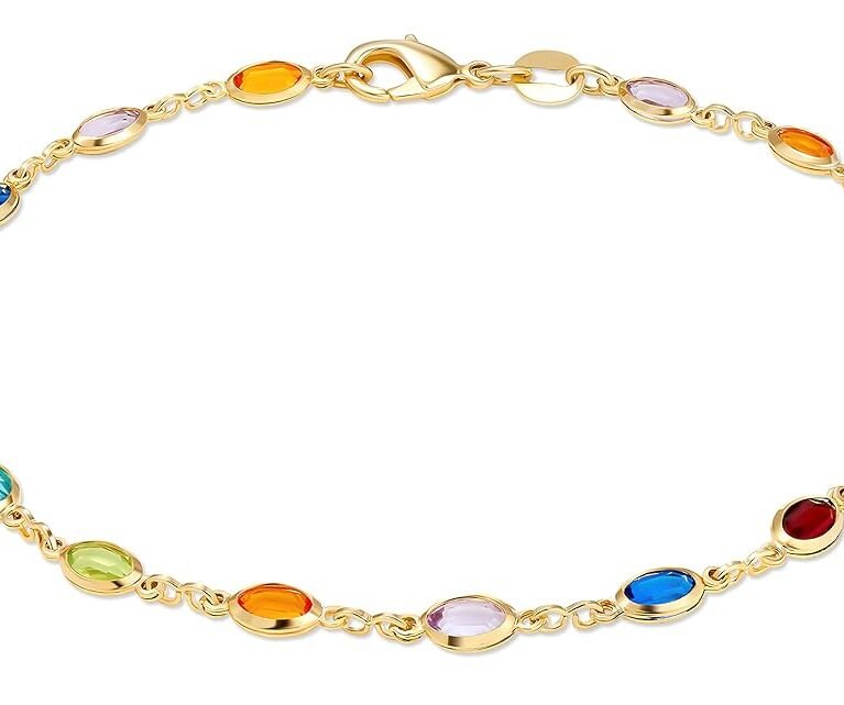 Barzel 18K Gold Plated Gold and Multi Color Crystal Baguette Anklet