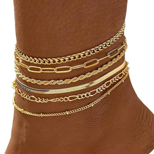 Bella's Waterproof Gold Ankle Bracelets for Women - 6Pcs 14K Gold Plated Anklets Layered Cuban Link Chain Herringbone Cute Anklets Set Pack Summer Beach Jewelry Gift for Women Teen