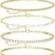 Bella's Waterproof Gold Ankle Bracelets for Women - 6Pcs 14K Gold Plated Anklets Layered Cuban Link Chain Herringbone Cute Anklets Set Pack Summer Beach Jewelry Gift for Women Teen