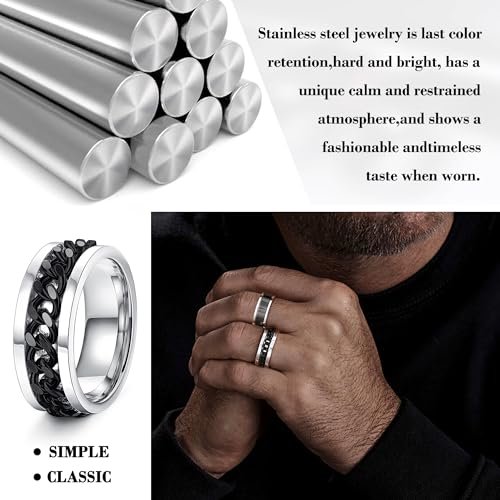 Besteel 16Pcs Stainless Steel Fidget Rings for Men Women Stress Anxiety Relief Rings Black Cool Chain Band Spinner Rings Set for Wedding Promise Mens Rings Pack
