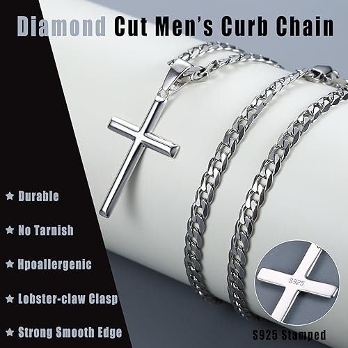 Besteel 925 Sterling Silver Cross Necklace Beveled Edge for Men Women 5mm Stainless Steel Diamond Cut Durable Cuban Link Curb Chain Crucifix Pendant Necklace Jewelry 16-30 Inches