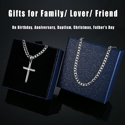 Besteel 925 Sterling Silver Cross Necklace Beveled Edge for Men Women 5mm Stainless Steel Diamond Cut Durable Cuban Link Curb Chain Crucifix Pendant Necklace Jewelry 16-30 Inches
