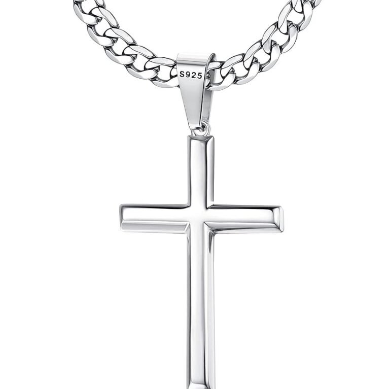 Besteel 925 Sterling Silver Cross Necklace Beveled Edge for Men Women 5mm Stainless Steel Diamond Cut Durable Cuban Link Curb Chain Crucifix Pendant Necklace Jewelry 16-30 Inches