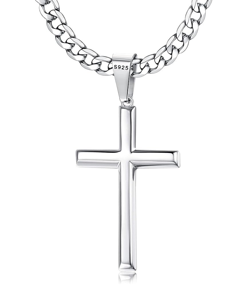 Besteel 925 Sterling Silver Cross Necklace Beveled Edge for Men Women 5mm Stainless Steel Diamond Cut Durable Cuban Link Curb Chain Crucifix Pendant Necklace Jewelry 16-30 Inches