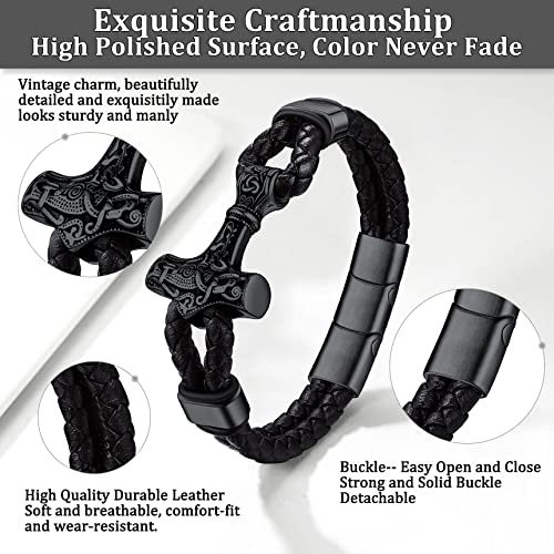 Bestyle Genuine Leather Braided Viking Bracelets for Men Boys, Vintage Thor's Hammer/Skull/Masonic Freemason Wrap Cuff Wirstband Bracelets with Closure