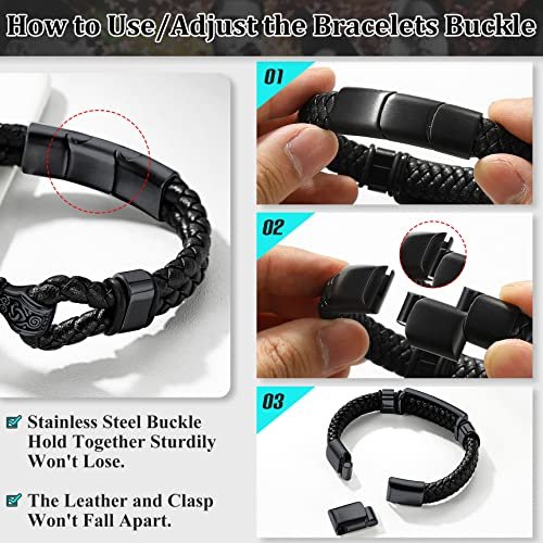 Bestyle Genuine Leather Braided Viking Bracelets for Men Boys, Vintage Thor's Hammer/Skull/Masonic Freemason Wrap Cuff Wirstband Bracelets with Closure
