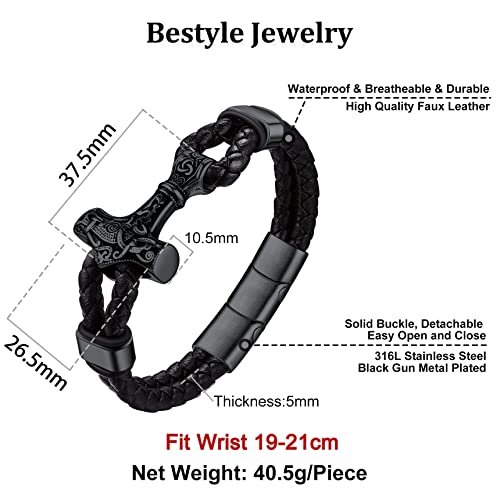 Bestyle Genuine Leather Braided Viking Bracelets for Men Boys, Vintage Thor's Hammer/Skull/Masonic Freemason Wrap Cuff Wirstband Bracelets with Closure