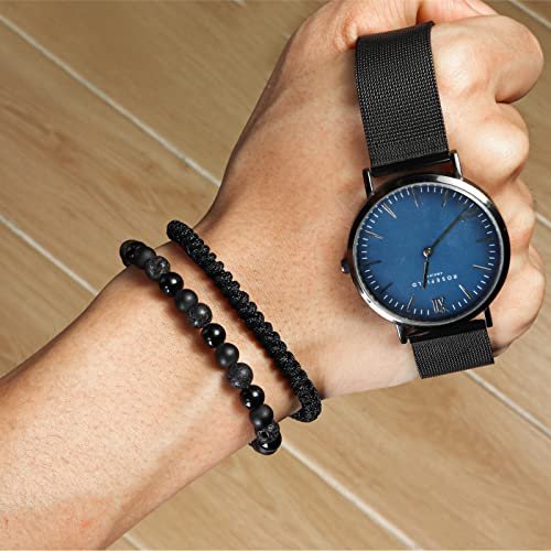 Black Beaded Bracelets for Men Boys - 6mm Obsidian Onyx Lava Beads Mens Bracelet Set for Couples - Christmas Gifts Birthday Gifts Mens Jewelry for Boyfriend Husband Him