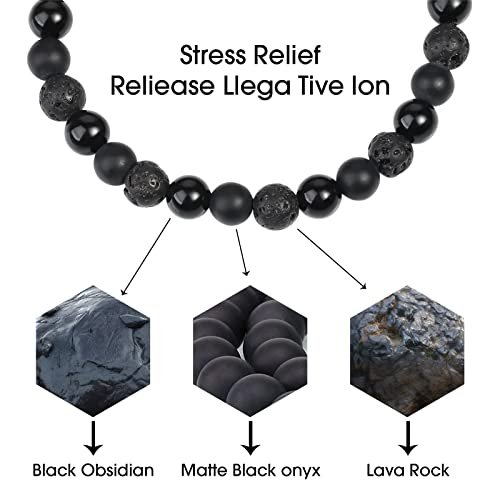 Black Beaded Bracelets for Men Boys - 6mm Obsidian Onyx Lava Beads Mens Bracelet Set for Couples - Christmas Gifts Birthday Gifts Mens Jewelry for Boyfriend Husband Him