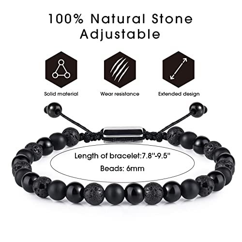 Black Beaded Bracelets for Men Boys - 6mm Obsidian Onyx Lava Beads Mens Bracelet Set for Couples - Christmas Gifts Birthday Gifts Mens Jewelry for Boyfriend Husband Him