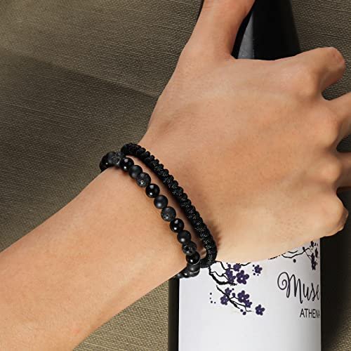 Black Beaded Bracelets for Men Boys - 6mm Obsidian Onyx Lava Beads Mens Bracelet Set for Couples - Christmas Gifts Birthday Gifts Mens Jewelry for Boyfriend Husband Him