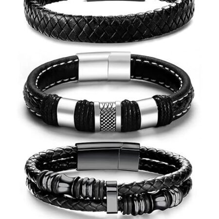 Black Leather Bracelets for Men Women 5pcs Mens Bracelet Leather and Steel Braided Cuff Bracelets