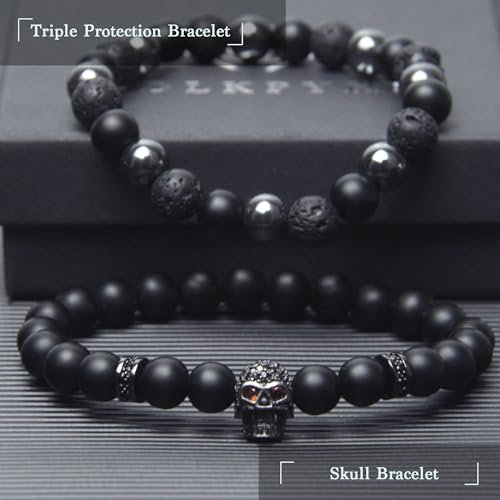 Black Obsidian Bracelet - Skull Bracelet - Tourmaline Beaded Bracelets - 8MM Black Onyx Hematite Lava Stone Beads Triple Protection Bracelet for Men Women Gifts