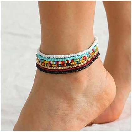 Boho Handmade Beaded African Anklets Multicolor Women Stretch Seed Beads Rainbow Ankle Bracelets Glass Bead Bracelet Elastic Foot and Hand Chain Jewelry (7PCS)