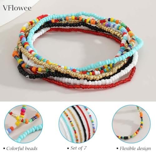 Boho Handmade Beaded African Anklets Multicolor Women Stretch Seed Beads Rainbow Ankle Bracelets Glass Bead Bracelet Elastic Foot and Hand Chain Jewelry (7PCS)