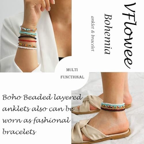 Boho Handmade Beaded African Anklets Multicolor Women Stretch Seed Beads Rainbow Ankle Bracelets Glass Bead Bracelet Elastic Foot and Hand Chain Jewelry (7PCS)