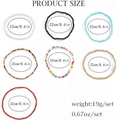 Boho Handmade Beaded African Anklets Multicolor Women Stretch Seed Beads Rainbow Ankle Bracelets Glass Bead Bracelet Elastic Foot and Hand Chain Jewelry (7PCS)