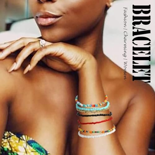 Boho Handmade Beaded African Anklets Multicolor Women Stretch Seed Beads Rainbow Ankle Bracelets Glass Bead Bracelet Elastic Foot and Hand Chain Jewelry (7PCS)