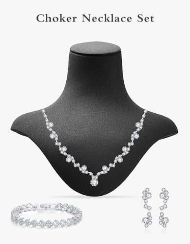 Bridal Wedding Jewelry Set, Silver Necklace Earrings Bracelet for Brides, Rhinestone Crystal Necklace Jewelry for Bridesmaid Prom Costume Wedding Accessories Set Women