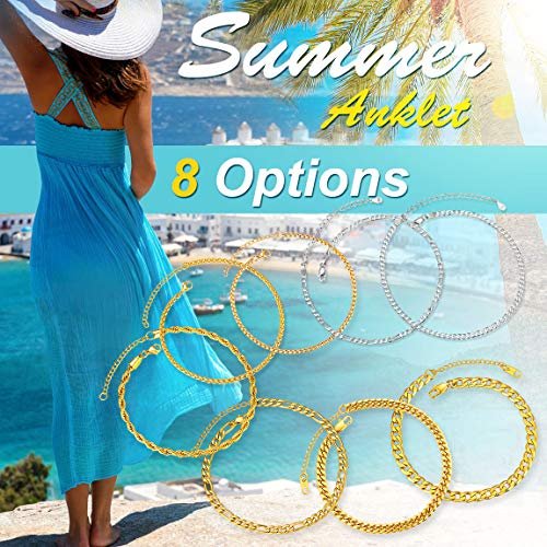 ChainsPro Resizable Anklet Chain for Women Men, Figaro/Wheat/Twist Rope/Cuban Foot Bracelet-Strong with Good Clasp-18K Gold Plated(Send Gift Box)