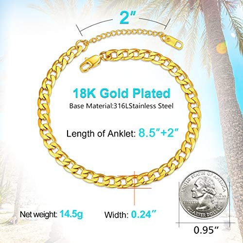 ChainsPro Resizable Anklet Chain for Women Men, Figaro/Wheat/Twist Rope/Cuban Foot Bracelet-Strong with Good Clasp-18K Gold Plated(Send Gift Box)